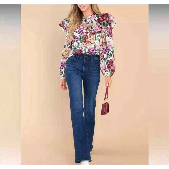 AURA Floral Ruffle Puff Sleeve Top Large Women’s Cotton Prairie Cottagecore NWT - Picture 3 of 14